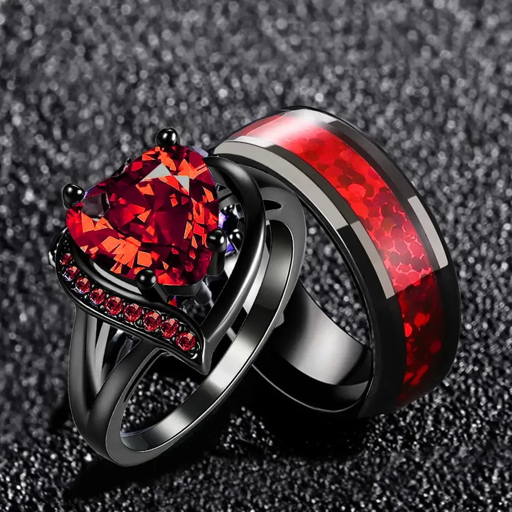 Fashion Couple Rings Romantic Women Heart Red Rhinestones Zircon Ring Fashion Men Stainless Steel Rings Wedding Party Jewelry