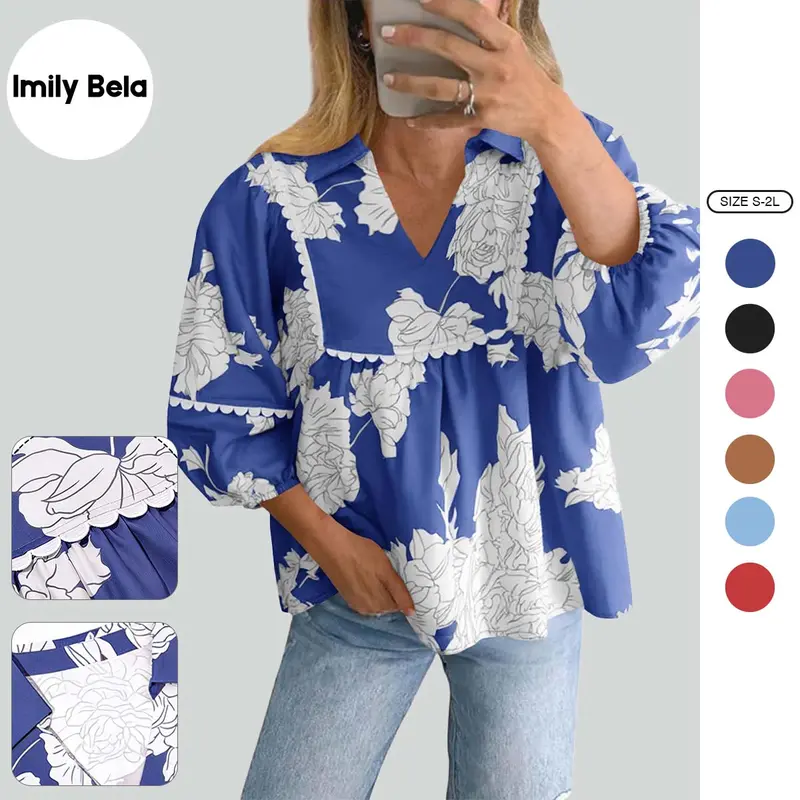 Imily Bela Womens Floral Peplum Babydoll Tops 3/4 Puff Sleeve Pleated Blouse Cute Casual V Neck Loose Fit Flowy Boho Shirts