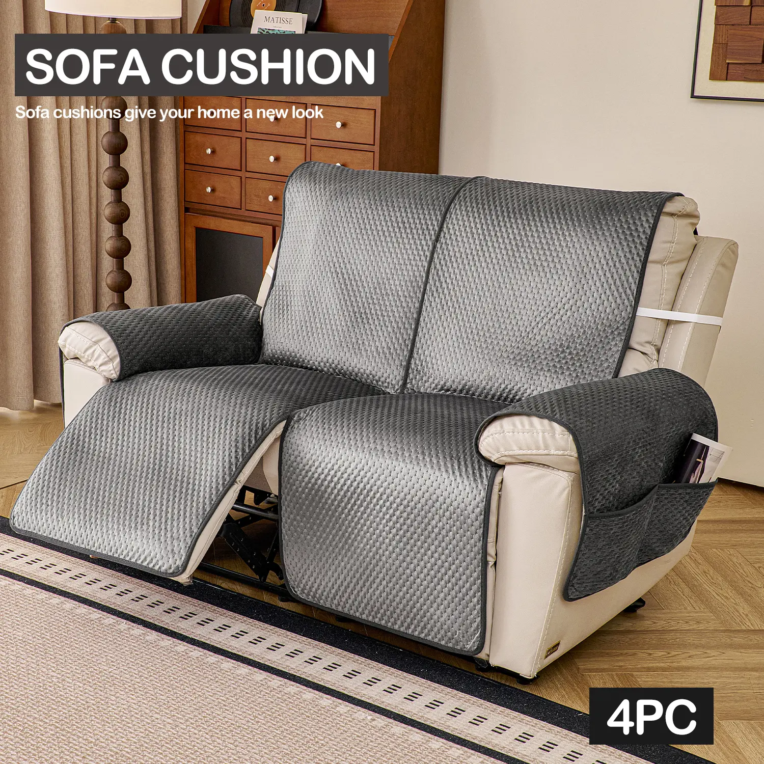 4pcs Premium Contemporary Geometric Pattern Sofa Covers - Wrinkle Resistant, All Seasons, Breathable, Durable, Dustproof, Pet-Friendly, Side Storage Pockets, Ultrasonic Embossed Weave, for Living Room Decor & Office Furniture Protection, Dutch Velvet, Hom