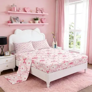 Kids Pink Bow Bed Sheets Cute Pink Princess Sheet Set for Kids Boys Girls Romantic Love Heart Bow Knot Bedding Set,Sweet Bowknot Ribbon Geometric Sheets Cartoon Room Decor
