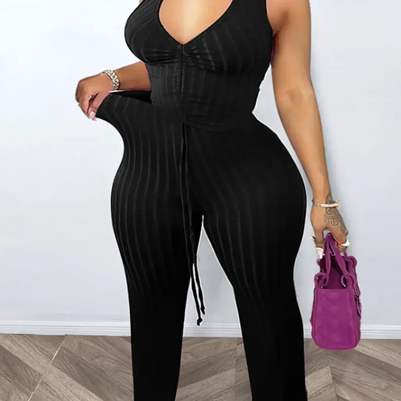 Sexy Plus Size Women's Two-Piece Set Suits, Ruched Fashion Set, Deep V Neck Backless Crop Top Vest & High Waist Shorts, Casual Style Summer, Solid Loose-Fitting Design Outfit, Womenswear, Clothes