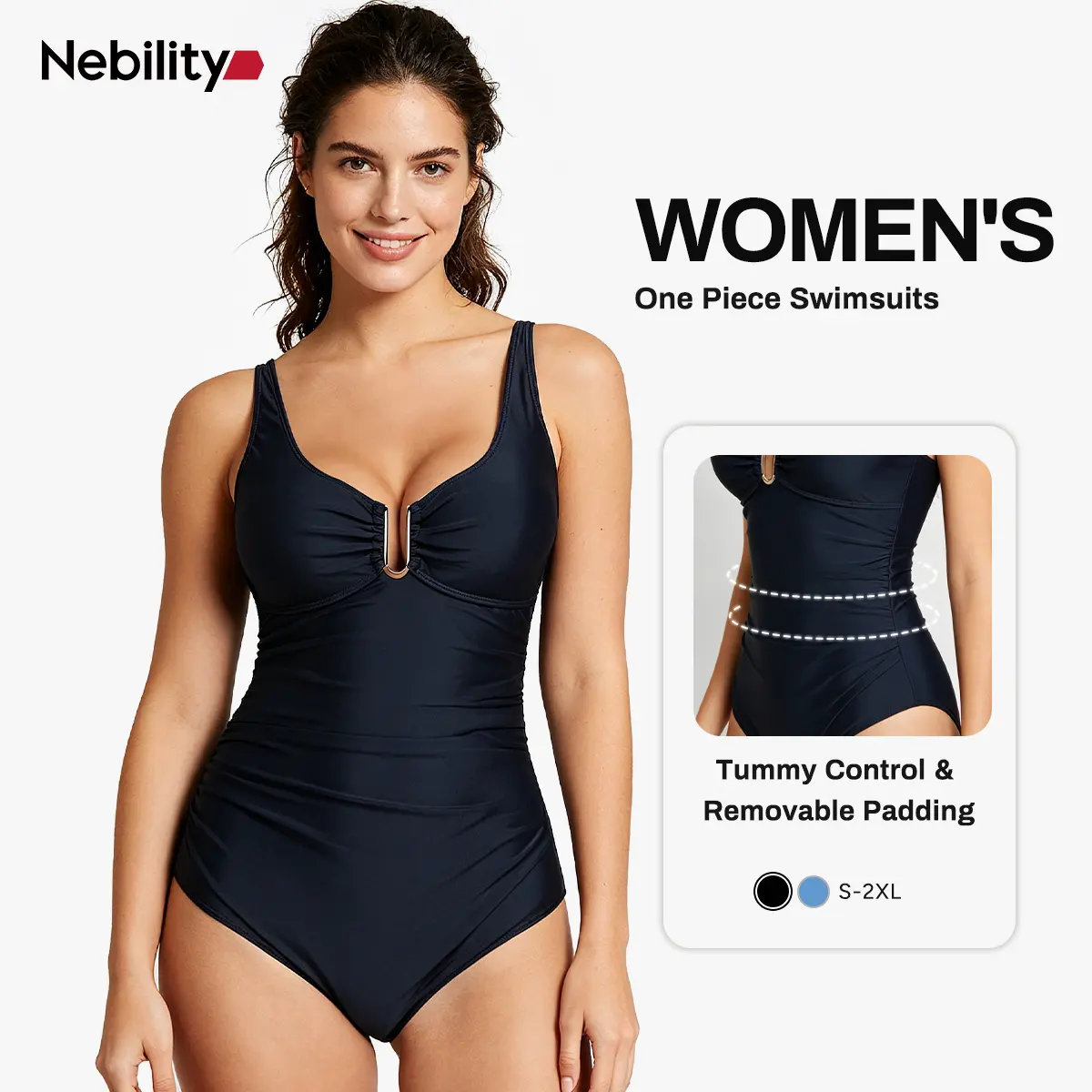Nebility Women's One Piece Swimsuit Tummy Control Adjustable shoulder strap V Neck Bathing Suits Stretchy Swimwear