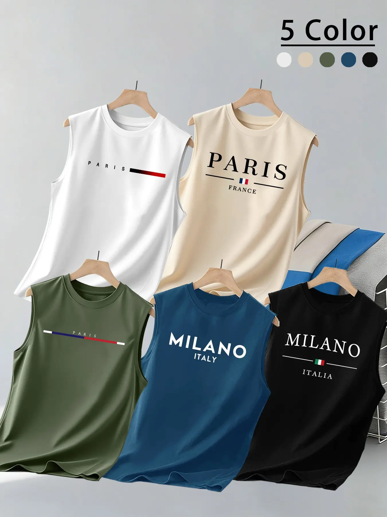 Men's Letter Graphic Pattern Print Round Neck Sleeveless T-Shirt, Casual Style Tee, Casual Comfortable Streetwear Top, Ideal for Summer Outdoor Activities, 5 Pieces Set