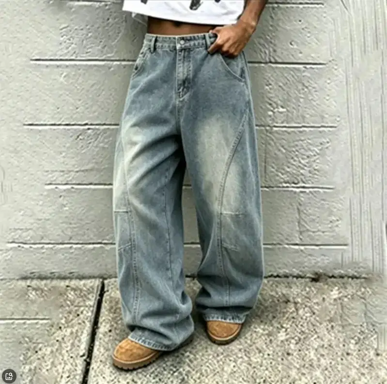 Men Washed Distressed Wide Leg Loose Jeans, Retro Y2K Skate Hip Hop Streetwear Long Trousers