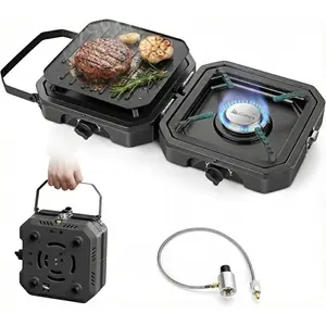 2 Burner Propane Camping Stove with Griddle & Grates, Portable Foldable Cooking Stove with Total 16,000 BTU, Two Piezo Ignition Adjustable Burners  Camping, Patio, Emergency, Hiking (Black)