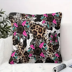 Leopard Print Rose Pink Sunflower Print Throw Pillow, Sweet and Cool Y2K Style Square Cushion, Suitable for Decorating Living Rooms, Bedrooms, Sofas, Chairs, Beds, Cars, and Also Suitable for Travel Carrying. Contains Pillow Core.
