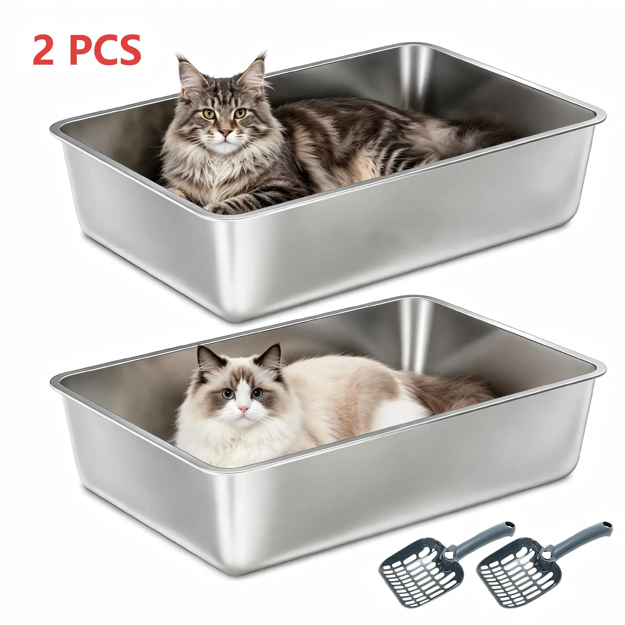 Petwhole 2-Pack Stainless Steel Cat Litter Boxes, High-sided Splash-proof Non-stick Metal Litter Pans, Multiple Sizes Available for All Cat Breeds. Comes with 2 Cat Litter Scoops, this 2-pack set offers better value and superior durability.