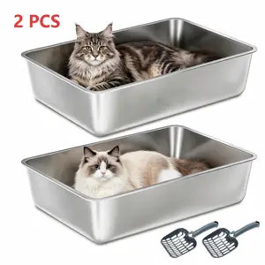 Petwhole 2-Pack Stainless Steel Litter Box, High-Sided Non-Stick Metal Litter Pan, 17.5x13.5x4Inch Cat Toilet Tray stainless steel litter box litter box for cats