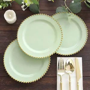 10-Pack Sage Green Plastic Dessert Plates – 8" Round with Gold Beaded Rim, Disposable for Parties & Events