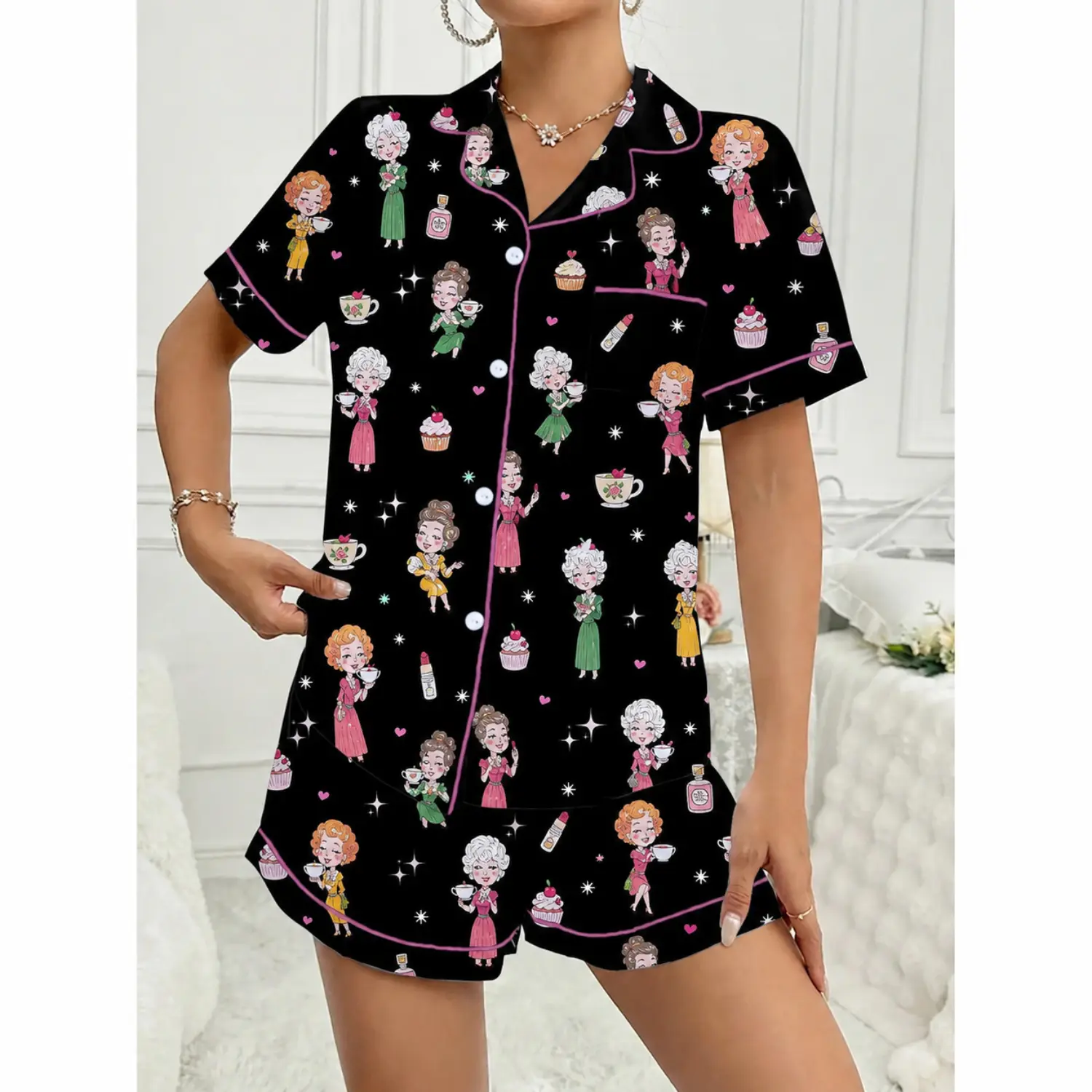 Black Cartoon Print Button-Front Pajama Set with Short Sleeves and Relaxed Fit Sleepwear