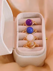4 Piece Boho Vintage Colorful Stone Ring Set, Handmade Copper Wire Wrapped, Turquoise Moonstone Crystal Quartz Rings