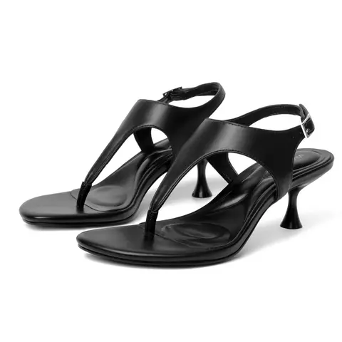 vivianly Women’s Square Toe Thong Sandals - Low Heel Faux Leather with Adjustable Ankle Strap