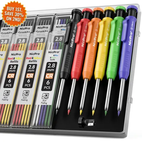 Nicpro 6-Pack Portable Precise Tip Carpenter Mechanical Pencils Set - Heavy Duty for Woodworking, with Sharpener, Case, Deep Hole Marker, 52 Refills (Study & Office Stationery Writing Tool)