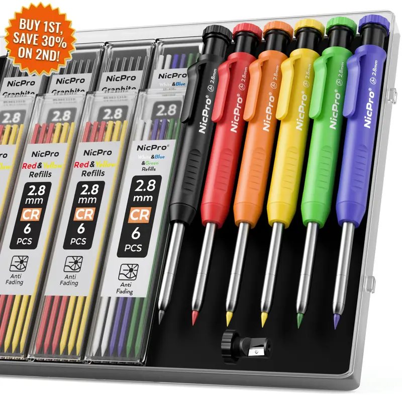 Nicpro 6-Pack Portable Precise Tip Carpenter Mechanical Pencils Set - Heavy Duty for Woodworking, with Sharpener, Case, Deep Hole Marker, 52 Refills (Study & Office Stationery Writing Tool)