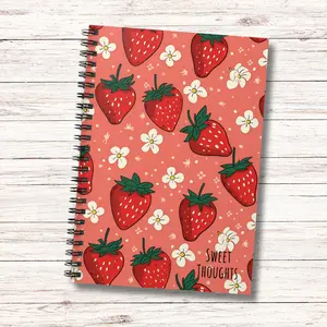 Flowers and Strawberry Ruled Line Floral Journal - Cute Pattern Notebook with 90gsm Paper, Metal Spiral Binding, and Document Pocket for Storage