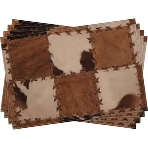 2D flat printing, 2-piece/4-piece/6-piece/8-piece spliced cowhide printed placemat, suitable for restaurant terrace desktop kitchen decoration, farm animal table mat, 12 × 18 inch Western cowboy farmhouse heat-resistant placemat