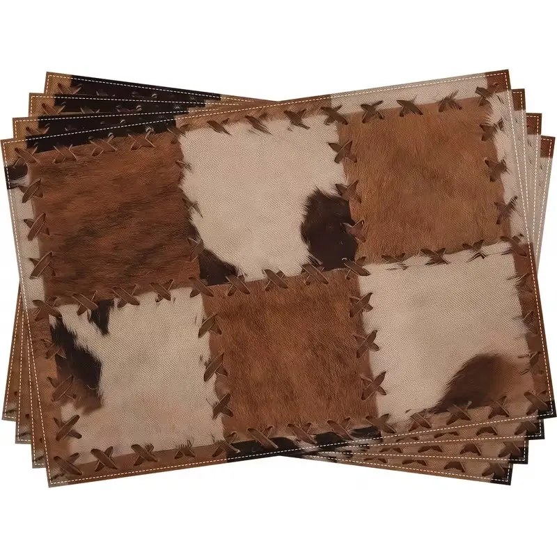 2D flat printing, 2-piece/4-piece/6-piece/8-piece spliced cowhide printed placemat, suitable for restaurant terrace desktop kitchen decoration, farm animal table mat, 12 × 18 inch Western cowboy farmhouse heat-resistant placemat, Table Placemats