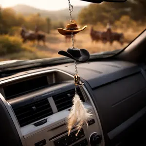 Ranch Vibes Twin Hat Set | Western Rearview Mirror Charm for Truck, Adjustable Chain, Mini Cowboy Hats, Boots & Feathers