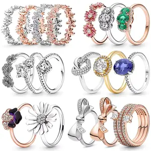 925 Silver Classic Daisy Shining Love Heart Bow Logo Ring Women's Holiday Fashion Charm Jewelry Gift