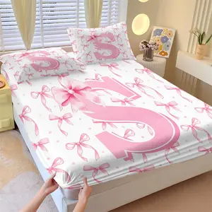 Personalized Initial S Fitted Sheet Set, 1 Fitted Sheet + 2 Pillowcases, Pink Bow Print Coquette Bedding, All-Season Soft & Comfortable Bed Cover, Thoughtful Gift for Birthday, Perfect for Girls Bedroom, Dorm & Apartment Decor