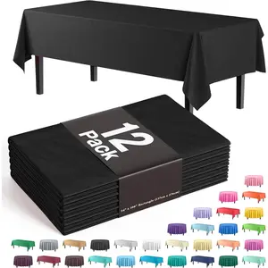 Black Plastic Tablecloth 12 Pack 54" x 108" Disposable Rectangle Table Cover for 6 to 8 Foot, Waterproof & Sturdy, for Party, Wedding, Birthday, Picnic, Indoor Outdoor - Exquisite, Black