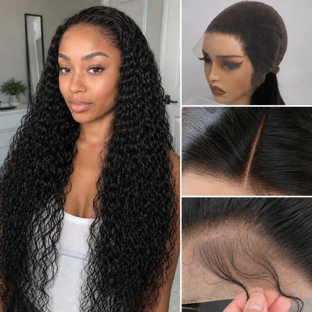 13x6 Glueless Water Wave  Lace Front Human Hair Wig, 180% Density Natural Color Wig, Pre-Plucked Natural Hairline, Small Knots, Premium Human Hair, Heat & Dye Friendly