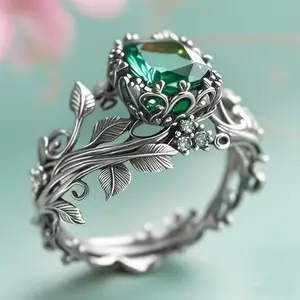 New  Ring Totem Ring Creative Vintage Alloy Inlaid Green Crystal Ring Dark Totem Design with Mysterious Charm