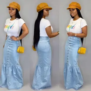 Fishtail Denim Long Skirt Women Full Length Mermaid Trumpet Ruffle Breasted Sexy High Waist Stretchy Skirts 2024 Streetwear