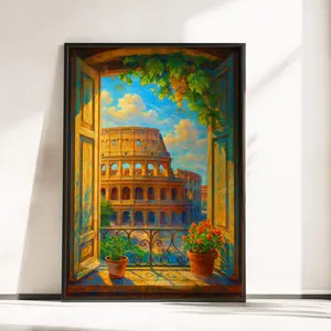 Rome Colosseum Window View - Vibrant Colosseum Wall Art - Rome Travel Wall Art - Retro Rome Travel Poster - Colosseum Poster Print, Unframed
