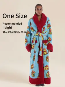 Panda Print Collared Elegant Casual Bathrobe, with Pockets, Soft Comfortable, Unisex Home Sleepwear