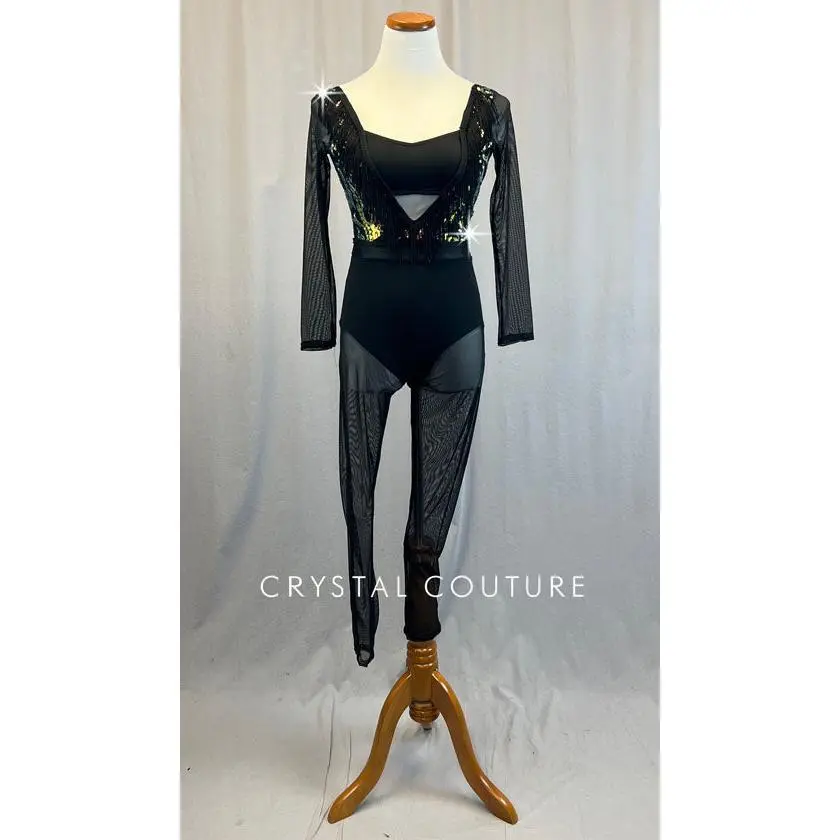 Custom Black Sequined Unitard with Mesh Sleeves and Pants