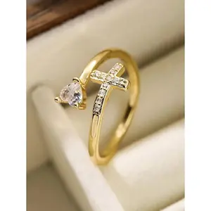 Cubic Zirconia Cross Ring – Yellow Gold Plated Adjustable Ring for Women, Daily Religious Jewelry, Christian Faith Ring, Casual Style Gift Idea