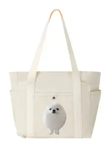 Fluffy Pomeranian Round Fluff-Ball Design Fashion Multi-Pocket Canvas Shoulder Bag Women's Casual Campus Commute Weekend Hangout Bag