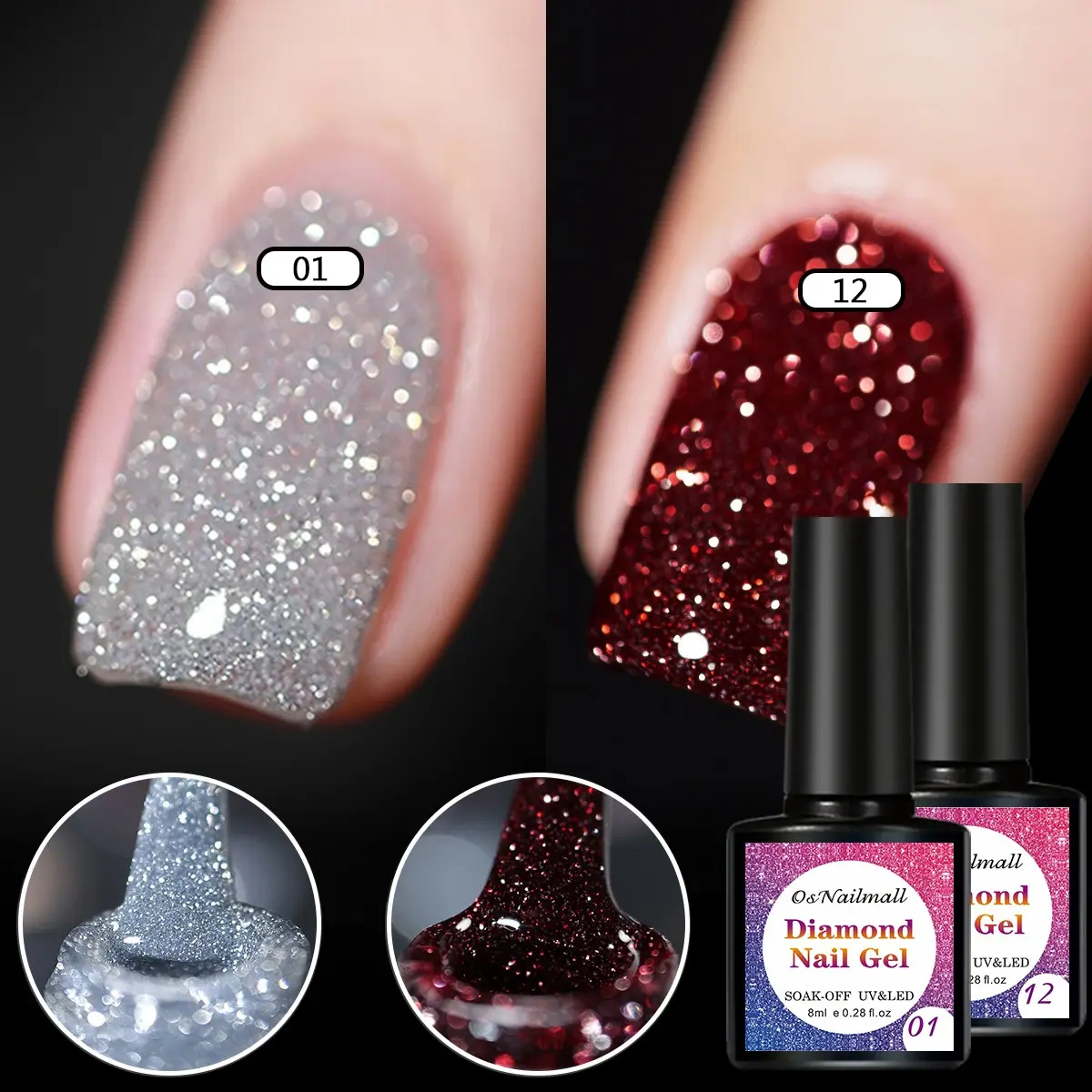 Osnailmall 2 Colors Diamond UV Light Gel Nail Polish, SOAK-OFF UV Poly Nail Gel, Glitter Reflective Nail Glue Disc, Broken Drill DIY Nail Art Gel, Manicure Essentials