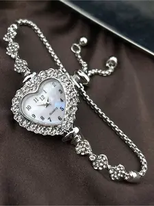1pc Women Silver Alloy Jewelry Bracelet Watch, Fashionable Heart-Shaped Case With Arabic Numerals Dial, Quartz Movement, Adjustable Drawstring For Easy Wear, Suitable For Daily Decor