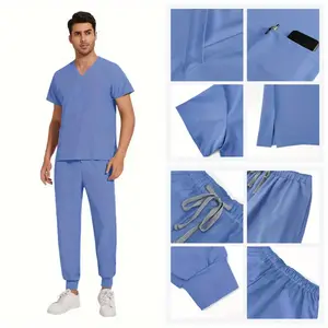 Scrubs for Men Scrub Sets Beauty Salon Uniform Set Slim Scrubs Stretch Top & Jogger Scrub Pants with Multi Pocket Yoga Waistband