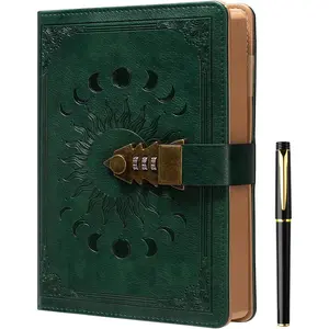 Lock Journal with Pen, A5 240 Pages Diary with Lock, Brown Edge, Refillable Leather Hardcover, 8.5 × 5.9inch, Dark Green