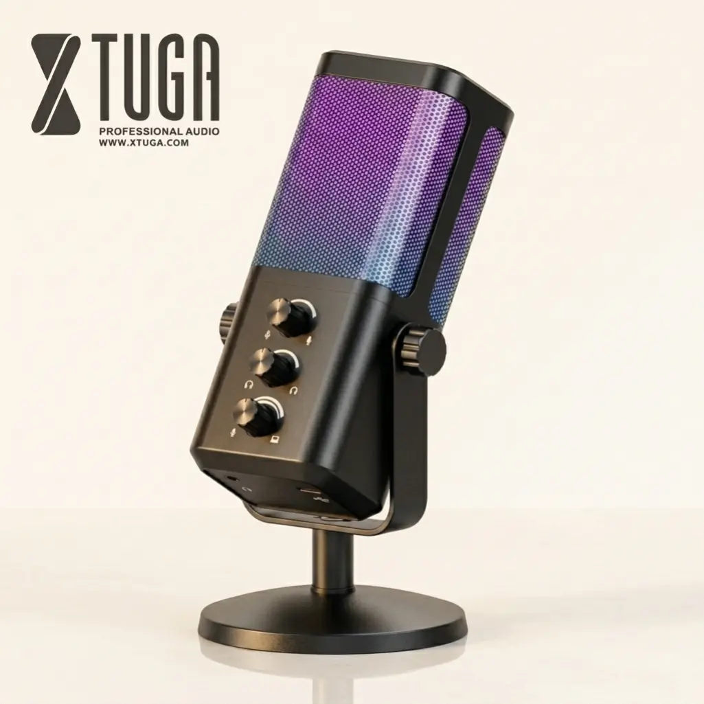 XTUGA M7 USB Condenser Recording Mic - Desktop Audio Gaming Streaming Mic with RGB, 1-Tap Mute, Headphone Jack, Gain & Volume Knobs, Noise Cancellation, Cable for PC Gamers (Works with Interfaces & Mixers)
