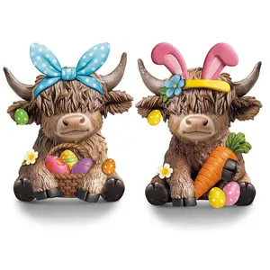 Easter Highland Cow Figures 2pcs 3D Highland Cow Statue Cute Cow Ornaments Easter Gift for Easter Holiday St. Patrick’s Day Mardi Gras Carnival Desk Decoration for Café Decoration Table, Easter Basket Stuffers, Gift for Cow Lover