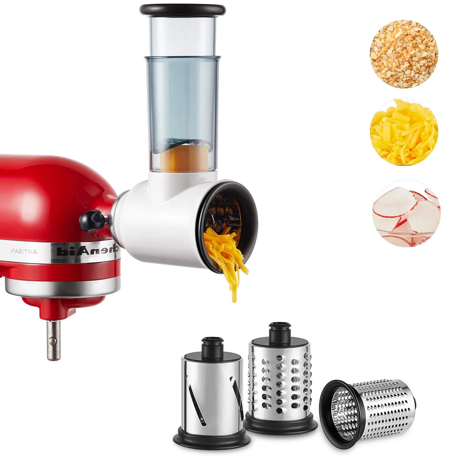 GVODE Interchangeable Slicer-Shredder-Cutter Attachment for KitchenAid Stand Mixer - Stainless Steel Vegetable Cutting Slicer, Cheese Prep Food Processor with 3 Blades