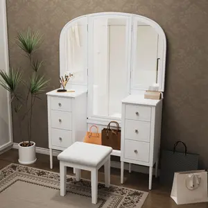 ARCH Antique Makeup Vanity Desk with Triple Mirror, 6-Drawer Dressing Table Set Including Stool, Full Length Mirror for Bedroom Dressing Room, White