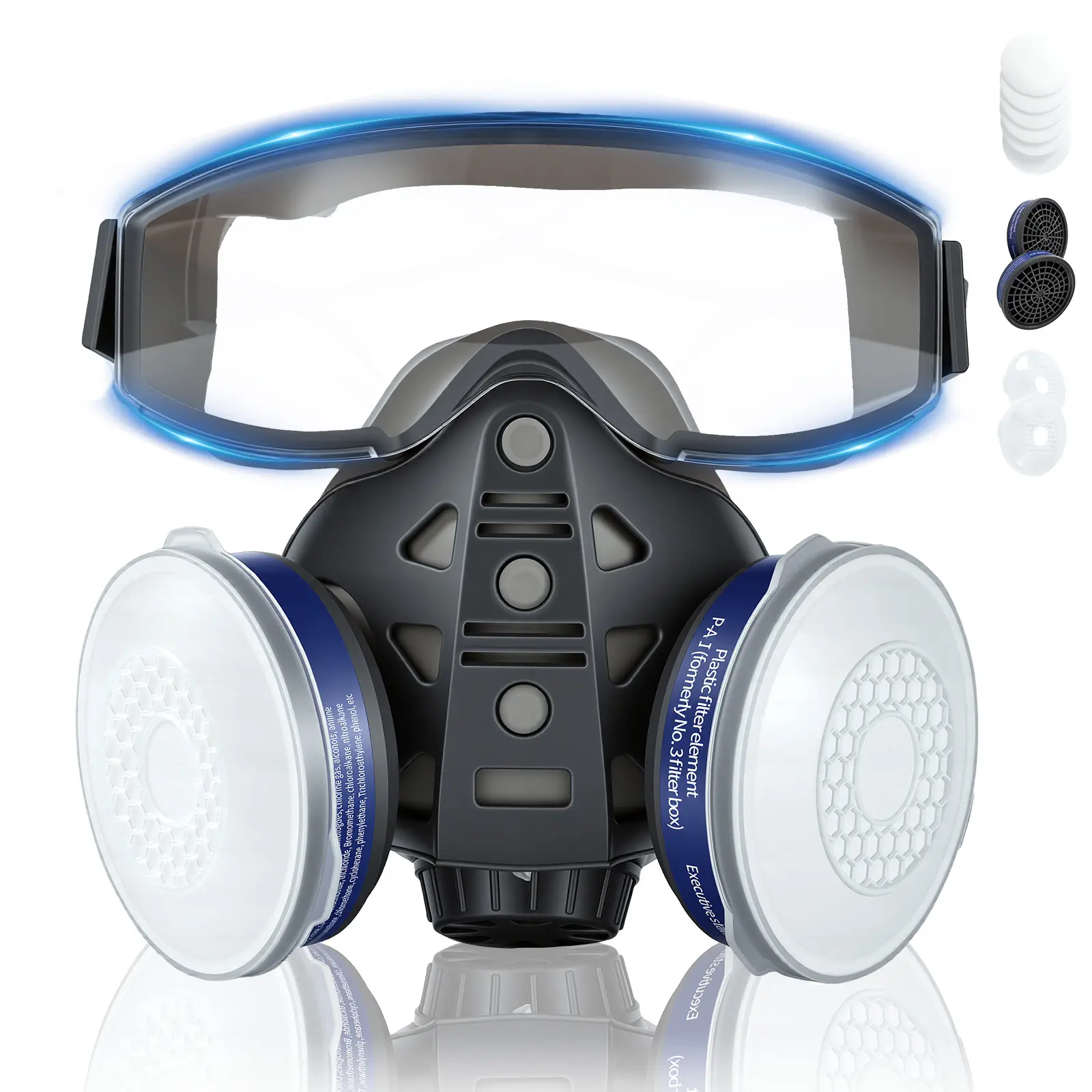 Spring dustproof integrated respirator and half-face mask, reusable with safety goggles, dual filter cartridges (anti-dust/chemical/pesticide) | For spray painting, cutting, carpentry, chemical protection, grinding, DIY security protection