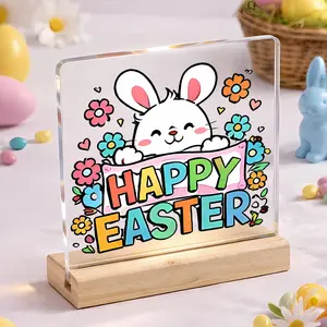 Easter Acrylic Tabletop Decor with Colorful Bunny and Eggs, Seasonal Spring Desk Sign for Home Office Classroom Decoration