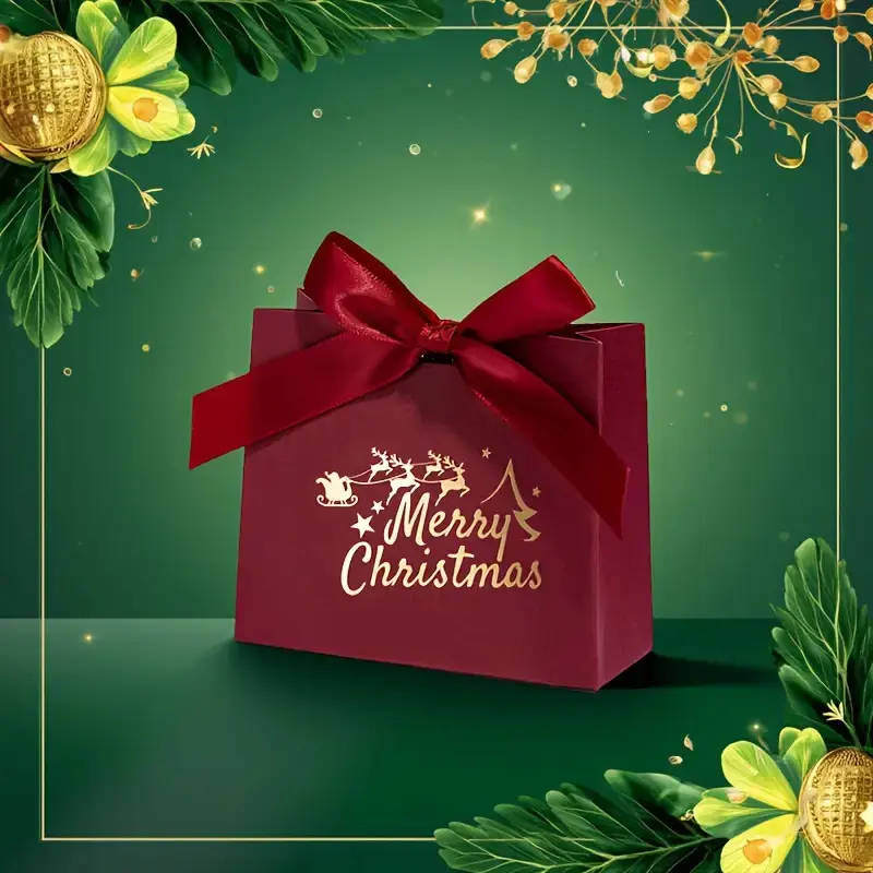 [20 Pack Christmas Gift Boxes] 20 Pack Elegant Deep Red & Golden Christmas Gift Boxes with Ribbon & Merry Christmas Signs - Sturdy Paper Holiday Packaging for Stocking Stuffers, Party Favors, Candy, Chocolates, Small Gifts - Festive Reusable Decorations w