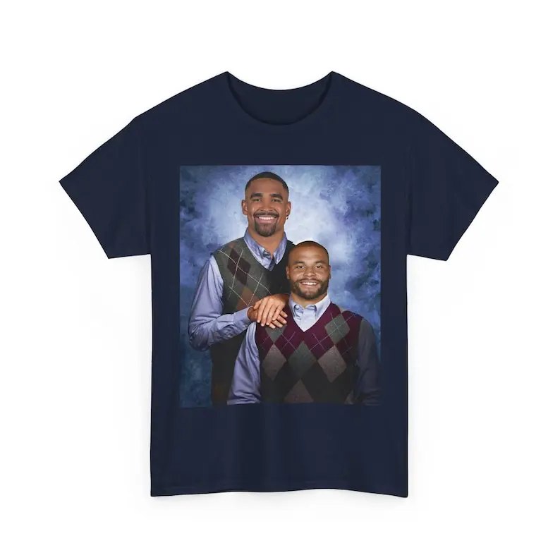 Men's Unisex Classic Fit Cotton Round Neck Short-Sleeve T-Shirt - Jalen Hurts & Dak Prescott Step Brothers Parody Top, Dallas vs Philadelphia Rivalry Casual Fabric Tee