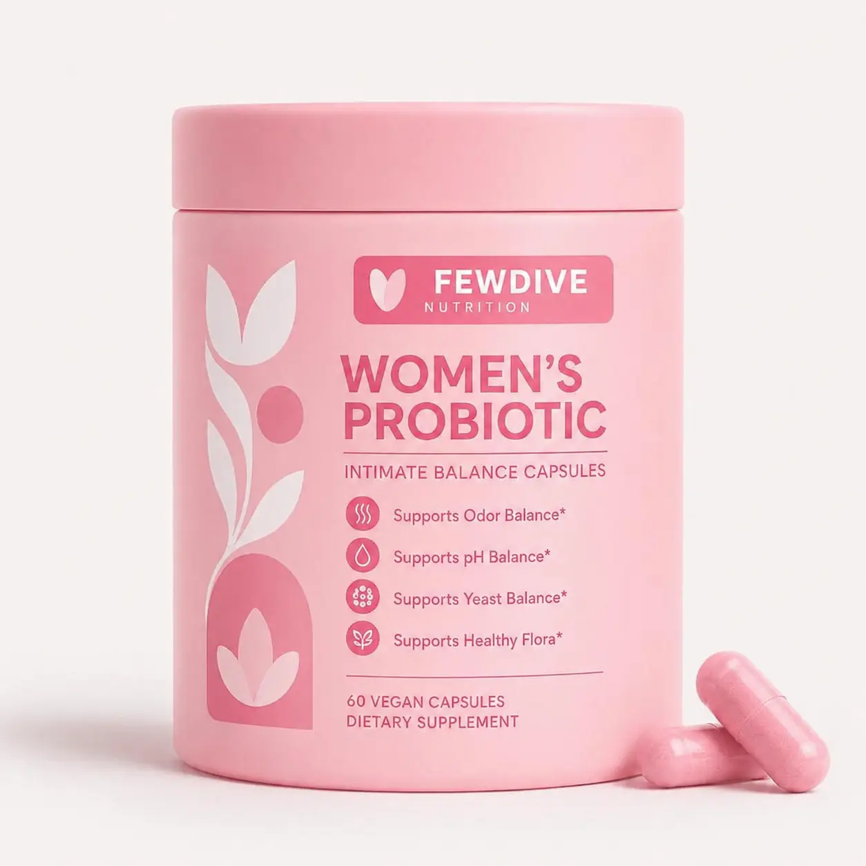 FEWDIVE Women's Balanced Nutritional Probiotic-Prebiotic Capsules - 60 Count (Pack of 1) - Probiotics for Women, Gut Balance, Healthy pH, Odor Control, Healthy Bacteria, Body Health, Capsule Format for Easy Daily Use, Prop 65 Safe Dietary Supplement, Lac