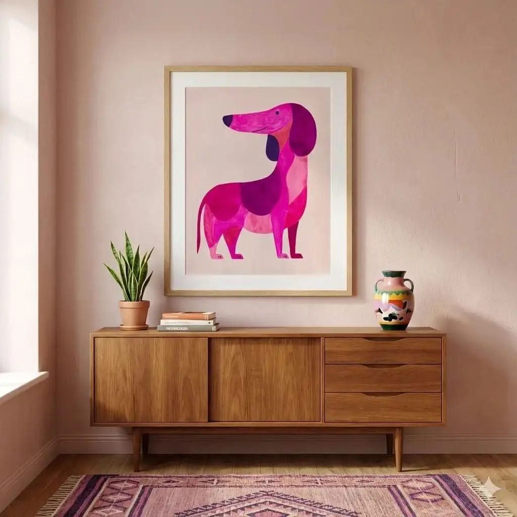 Pink Dachshund Dopamine Poster – Colorful Dog Wall Art Print for Joyful Modern Decor
