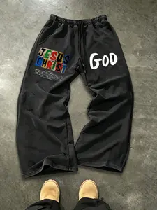 American Vintage Religious Print Wide Leg Sweatpants, Breathable Draped Fabric, Loose Fit, Men's Streetwear, Trendy Fashion