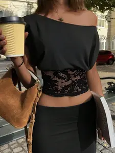 Pure Color Asymmetric Irregular Patchwork Slant Shoulder Fitted Top, Stylish Casual Wear, Women's Fashionable Blouse, Perfect for Daily, Womenswear