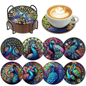 Set of 8 Peacock Pattern Wooden Coasters, DIY Creative Diamond Painting Drink Coasters, Unique Holiday Decor for Home, Kitchen Coasters